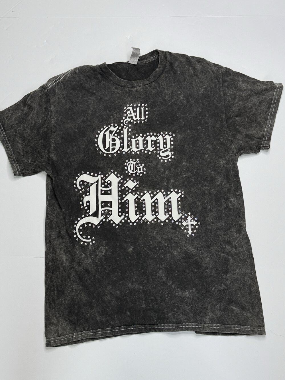 All Glory To Him Christian Rhinestone T-Shirt Black Acid Wash 20.5x26.5 Medium